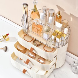 DASITON Makeup Organizer with Drawer,6 Slots Stackable Makeup Brush Holder,Skincare and Cosmetic Organizer for Bathroom Vanity Countertop Makeup Storage for Cosmetics,Brushes,Lipstick and Jewelry