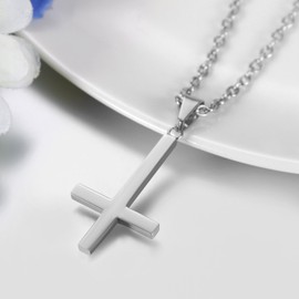 JewelryWe Stainless Steel Inverted Cross Necklace for Men Women Silver with 21.65 Inch Chain