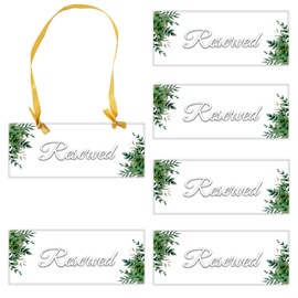 6 PCS Reserved Signs for Wedding Chairs 10 x 4 Inches Acrylic Hanging Reserved Seating Signs with Ribbon Greenery for Wedding Church Restaurant Chairs Important Events Celebrations
