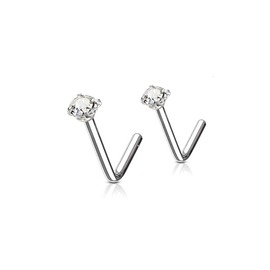 Twilight London 2 PACK Implant Grade Titanium L Bar Nose Studs, Classic 2 and 3mm Crystal Design, Hypoallergenic Newly Pierced Safe, Perfect for Men and Woman,