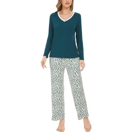 GYS Women's Pajama Sets Bamboo Viscose Long Sleeve Pj Set Soft Sleepwear with Pockets Printed Sleep Lounge Set, Green/ Leopard, Small