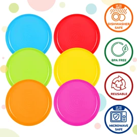 PLASKIDY Kids Plates Set of 12 - Toddler Plastic Dinner Plates - BPA FREE, Microwave & Dishwasher Safe, Brightly Colored 7 Inch