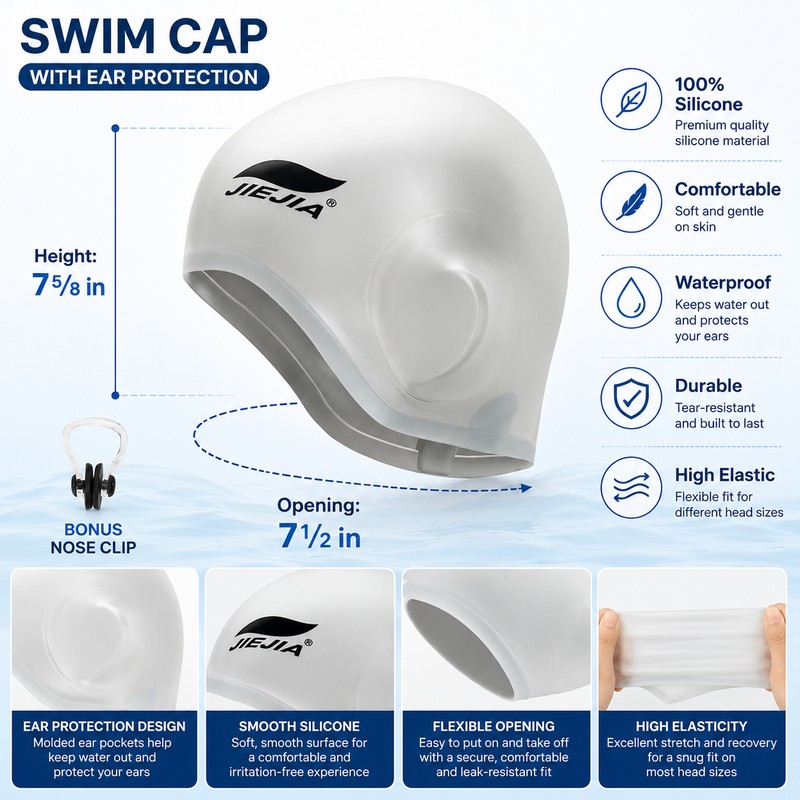 Silicone Swim Cap with Ear Protection for Swimming – Comfortable