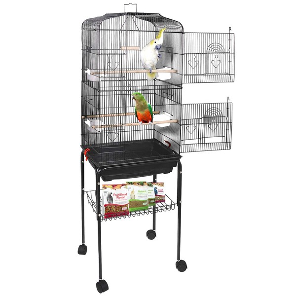 SUPER DEAL 59.3 Rolling Bird Cage Large Wrought Iron Cage for Cockatiel Sun Conure Parakeet Finch Budgie Lovebird Canary Medium Pet House with Rolling Stand & Storage Shelf