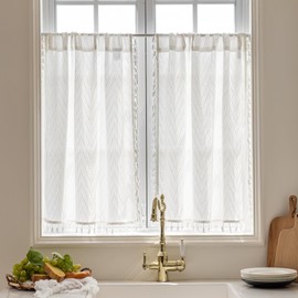 VOILYBIRD Kitchen Window Curtains Over Sink 30 Inch Length Boho Tassel Tiers Cafe Curtains Zigzag Design, 2 Panels, White