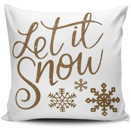 ONGING Decorative Throw Pillow Case White Let It Snow in Gold Glitter with Snowflakes Pillowcase Cushion Cover One Side Design Printed Square Size 18 x 18 inch