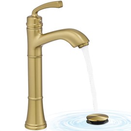 HEYMYTAP Brass Gold Vessel Sink Faucet, Tall Single Hole Bathroom Faucet for Vessel Sink Single Handle with Pop-Up Drain & Pre-Installed Hoses