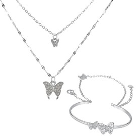 XYPHIELLE Collares en Capas para Mujer - Juego de 2 Collares Mariposa y Pulsera Plata Plateada, Regalo para Ella: San Valentín, Aniversario, Cumpleaños, Día de la Madre
