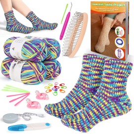 Complete Knitting Socks Starter Kit with Knitting Machine, 50g Colorful Yarn, Markers, Tools & Instructions