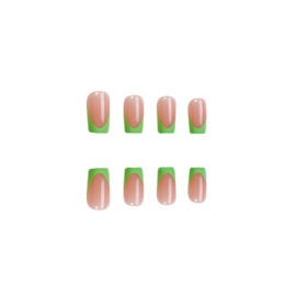 SINHOT Square Press on Nails Medium Fake Nails Glosy Glue on Nails Green French Tip Acrylic Nail Squoval Artificial Nail Stick on False Nail with Design 24 pcs