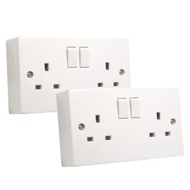 SHPELEC® Square Edge White 13A 2 Gang Switched Socket with 25mm Surface Mount Pattress Box (2 PACK)