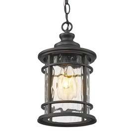 Emliviar Modern Farmhouse Outdoor Hanging Light, 12.4 Inch Front Porch Pendant Light with Water Ripple Glass, Black Finish, XE229H-WG BK