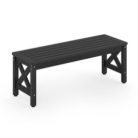 LUE BONA HDPS Outdoor Bench with Crossed Legs, Outdoor Benches Weatherproof 2-Person Backless, All-Weather Heavy-Duty Garden Bench for Porch, Patio, Lawn and Backyard, Black