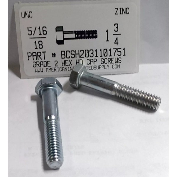AMERICANINTEGRATEDSUPPLY.COM 5/16-18X1-3/4 HEX HEAD CAP SCREWS GRADE 2 STEEL ZINC