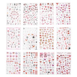12 Hojas de Pegatinas para Uñas Autoadhesivas, Diseños de Labios Rojos y Corazones para Nail Art DIY, Decoración Clásica para Uñas, Día de San Valentín