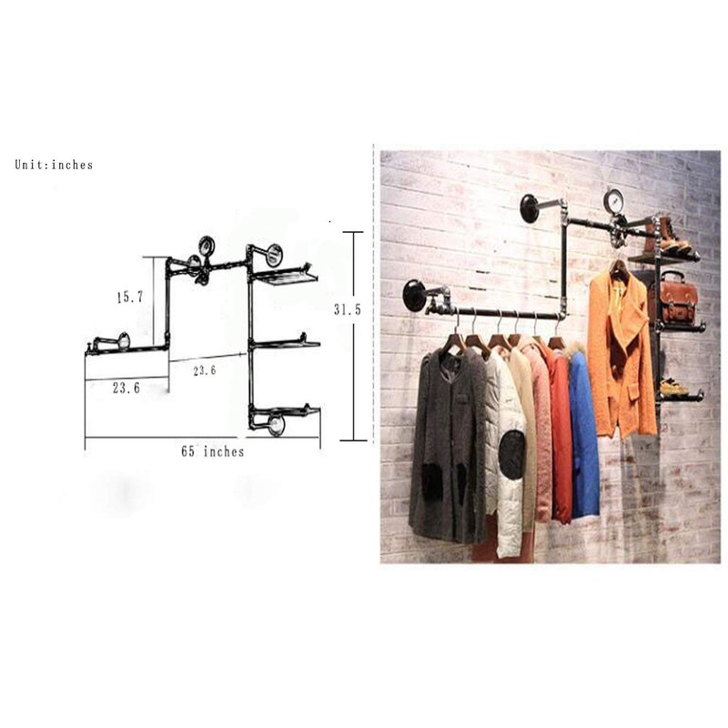 VANDNALI Industrial Pipe Clothing Rack Wall Mounted Wood Garment Rack