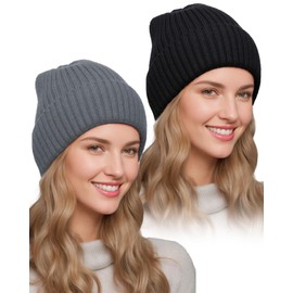 Satin Lined Beanie for Women Men, Womens Silk Lined Beanies, Wool Knit Cuffed Warm Winter Hats Skull Cap, 2pcs-black+gray, One Size