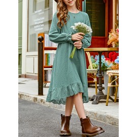 blibean Tween Girls Fall Dresses Kids Girl Long Sleeve High Low Dress Spring Cute Cotton Semi Formal Party Wedding Holiday Outfits Vestido Niña Size 14-15 Year Old Green