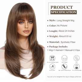 Esmee Long Straight Brown Wigs for Women with Fringe Natural Synthetic Hair Ombre Wig for Daily & Party Use
