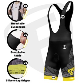 FDX Cycling Bib Shorts Men’s - 3D Gel Padded Bicycle Racing Apparel with Mesh Straps, Silicon Leg Grippers - Breathable Summer Pro Cycle Tights - Excellent Performance and Better Fit (Yellow-S)