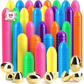 [6 Surprise Golden Eggs] 50 Pack 3 Inch Plastic Easter Eggs, Empty Easter Eggs Fillable, Bright Colors Plastic Eggs Bulks for Easter Hunt, Easter Party Favor, Basket Stuffers Fillers
