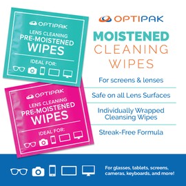 OPTIPAK Pre-Moistened Wipes Glasses and Lens Cleaner - Individually Wrapped Disposable Wipes for Eyeglass, Glass Screen, Phone, Camera, Sensitive Surfaces (250 count)