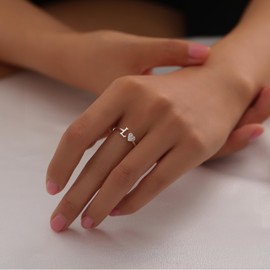 FUNEIA Heart Ring with Letters Women Gold Silver Rose Gold Adjustable Initial A-Z Zirconia Finger Ring Stacking Ring Waterproof Letter Ring Jewellery Girls Gift Box, Non-precious metal