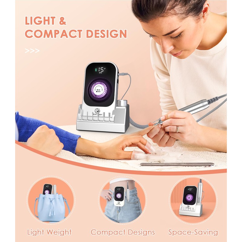 Portable Electric Nail Drill Machine: 40000RPM Professional E-File, Rechargeable Cordless