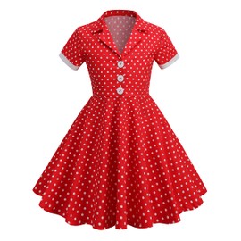 Girls 50s Short Sleeve Notch Lapel Vintage V-Neck Cocktail Swing Dress Buttons Retro 1950s Polka Dot Dress Kids Audrey Hepburn Rockabilly Dresses Summer Casual A line Tea Party Outfit Red 8-9 Years