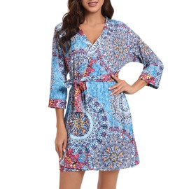Women Kimono Robes Lightweight Knee Length Robe Knit Bathrobe Soft Sleepwear V-Neck Loungewear for Women PAT3 S