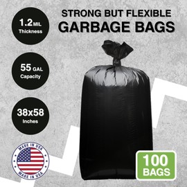 Top Knot Bags 55 Gallon Garbage Trash Bag 38X58" 1.2 Mil Black 100 Count Can Liner Bulk 56 Gallon 57 Gallon 58 Gallon 59 Gallon 60 Gallon 55-60 Gallon Made in USA