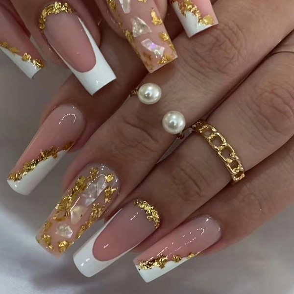 24 Stück Press on Nails, Glitzer French Künstliche Nägel, Milchig