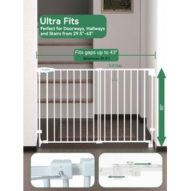 29.5-43" No Bottom Bar Baby Gate for Stairs, Auto Close Baby Gates for Doorways, Hardware Mounted, Dog/Pet Gate Indoor with Extra-Wide Walk Thru Door, Child-Proof Safety Gate for Kids (White)
