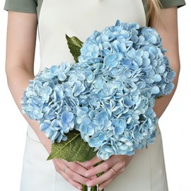3 Pcs Blue Hydrangea Artificial Flowers, 21" Real Touch Fake Flowers with Long Stems, Faux Hydrangeas for Baby Shower, Wedding Decor, Party Centerpieces