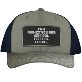 I'm A Fire-Extinguisher Repairer. I Got This. I Think... - Leather Black Patch Engraved Trucker Hat, Heather-Navy, One Size