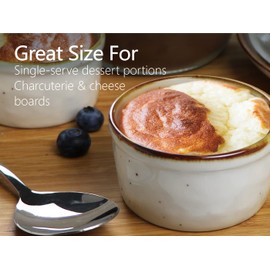 ONEMORE Ramekins 6 oz Oven Safe, Ceramic Souffle Dishes with Brown Rim, Speckled Baking Cups for Creme Brulee Pudding Custard Ice Cream Charcuterie Board Mini Bowls Set of 6 - Creamy White