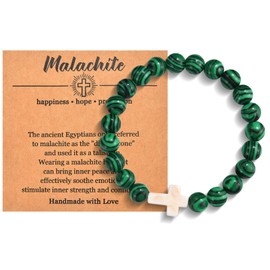 Christian Cross Bracelet for Women & Men - Natural Bead, Religious Cross Healing, Stretch Charm Crystal Anxiety Bracelets for Birthday, Christmas, Christian, Easter Gifts, Malachite