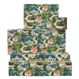 Geschenkpapier Mädchen – Cottagecore Village Floral – 6 Blatt ästhetisches Geschenkpapier Geburtstag für Frauen – mit Aufklebern – recycelbar – von Central 23