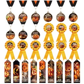 Huquary 27 Pcs Halloween Pumpkin Carving Award Set Includes Halloween Medals, Award Ribbons and Trophy Ribbons Pumpkin Carving Contest Rewards 1st 2nd 3rd Prizes for Game Party Favors
