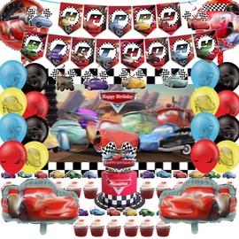 Cartoon Birthday Party Decorations - Happy Birthday Banner, Foil Balloons, Backdrop, Cupcake Toppers, Hanging Swirl for Theme Party Supplies