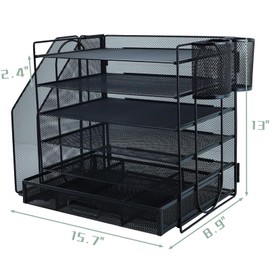 6 Tier Desk File Organiser with Extra Vertical File Sorter, Paper Letter Tray with Top Stationery Drawer Holder, A4 Paper Desktop Filing Trays, Magazine Document Holder for Home Office, Black