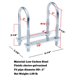 GBGS 2 Pcs Double U Bolt Clamp M10 x 2" x 5-1/2",Round Bend U Bolts Bracket Fits O.D. 2" Tube
