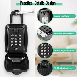 HUANLANG Lock Box for House Key,Key Lock Box for Door Handle 12-Digit Combination Resettable Code Waterproof Key Lockbox for Outside,Key Hider Safe for Home Airbnb Garage Office