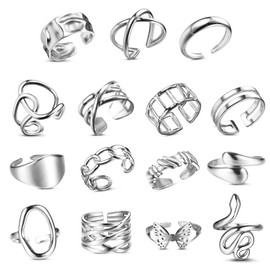 LOLIAS 16 Piece Rings Set for Women Stainless Steel Ankle Rings Stackable Open Thumb Rings for Women Trendy Stacking Rings Set Minimalist Finger Rings Women's Ring Set Silver, Stainless Steel