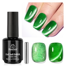 Beetles Green Cat Eye Gel Polish, 15ML Emerald Green Cat Eye Glitter Gel Polish with Magnet Soak Off UV Shimmer Velvet Gel Enchanted Glimmer Series French Nail Art Manicure Gifts for Women