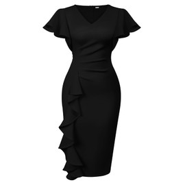 Memoriesea Women's Sexy V Neck Ruffle Short Sleeve Bodycon Cocktail Work Midi Dress Black