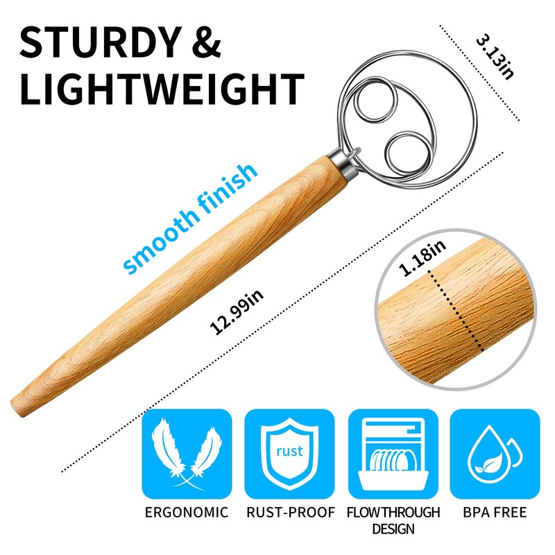 TEEVEA Danish Dough Whisk Stainless Steel Dough Hook Dutch Whisk