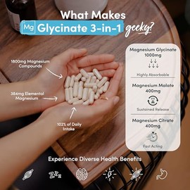Magnesium Glycinate 3-in-1 Complex - 1800mg Supplements as Bisglycinate, Citrate & Malate 360 Vegan Capsules (6 Months Supply), Triple High Absorption 384mg Elemental, UK Made