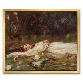 AIMAILON Vintage Gold Canvas Wall Art Framed Decor for Study Room Bedroom Classical Relaxing Young Lady Picture Victorian Summer Pond Lotus Background Artwork Desktop Home Decoration 8x10
