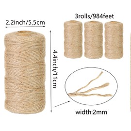984 Feet Cotton Twine Natural Jute Christmas Twine 2mm Packing Twines Bakers Twine Kraft Butchers Baking Gardening Twine for Gift Wrapping Arts Crafts Party Decorations (3 Brown)